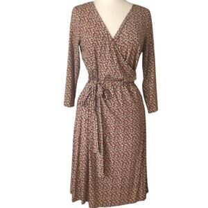 Talbots Faux Wrap Tie Waist Dress 3/4 Sleeve Stretch Geometric Size Small
